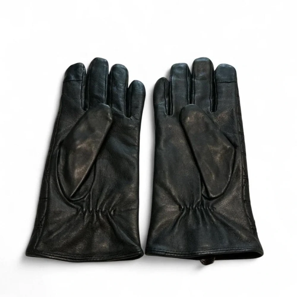 Michael Kors Quilted Leather Gloves Womens S Black Excellent Gold MK Logo Luxury